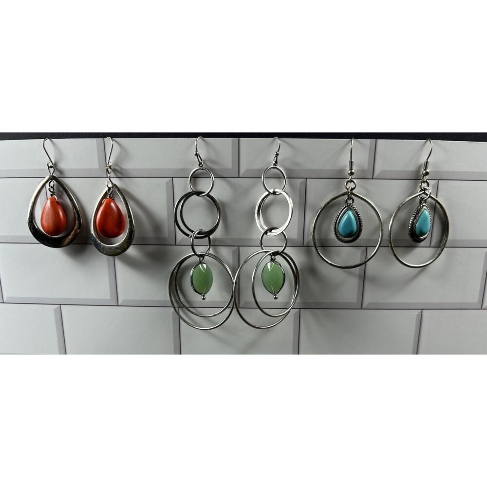 Lot of 3 Dangle Earrings Silver Tone Teardrop Hoop Turquoise Green Orange